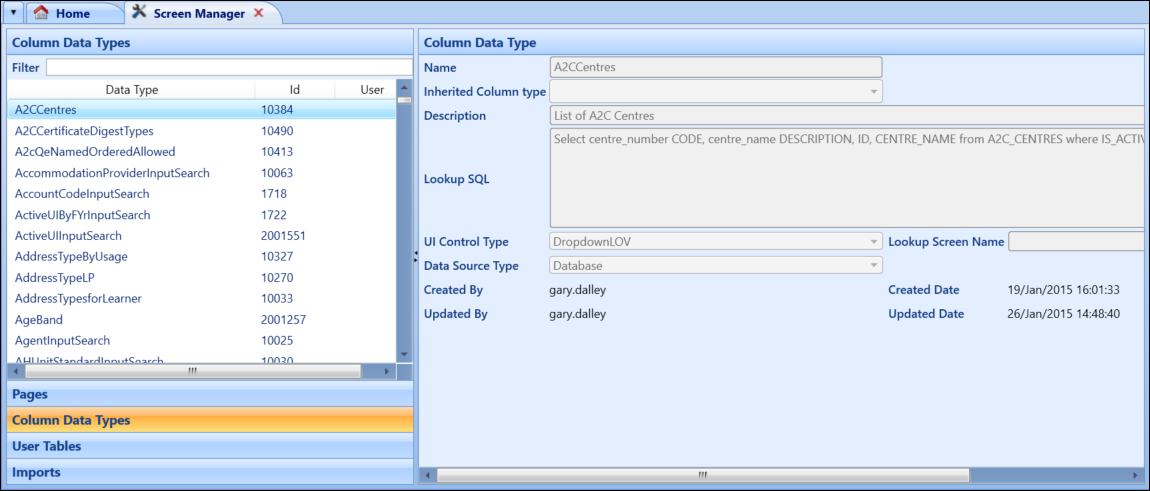 Column Data Type screen