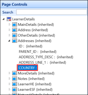 Selected column in the Page Controls panel