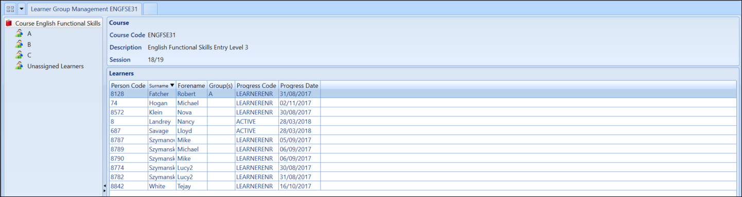 Learner Group Management screen