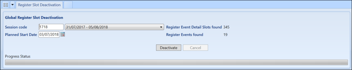 Global Register Slot Deactivation screen