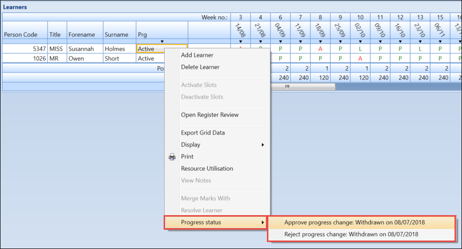 Progress Status options