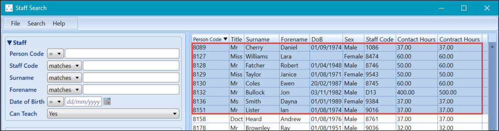 Staff Search - selected rows