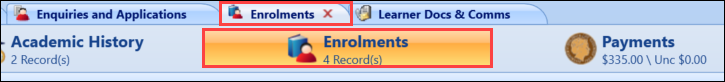 Enrolments tab on the Enrolments screen