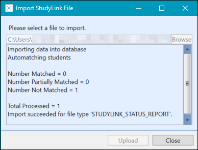 Import StudyLink File window summary