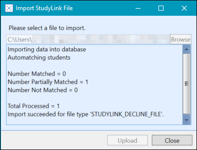 Import StudyLink File window summary