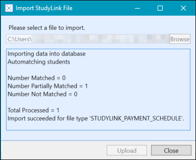 Import StudyLink File window summary