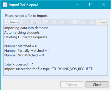 Import VoS Request window summary