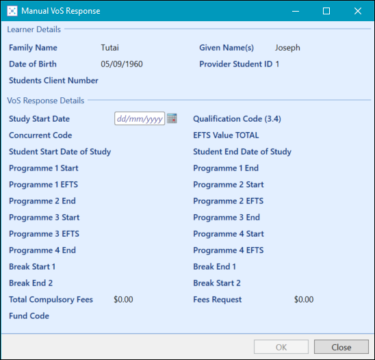 Manual VoS Response window