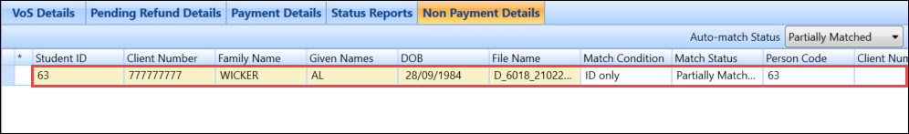 New record in the Non Payment Details grid