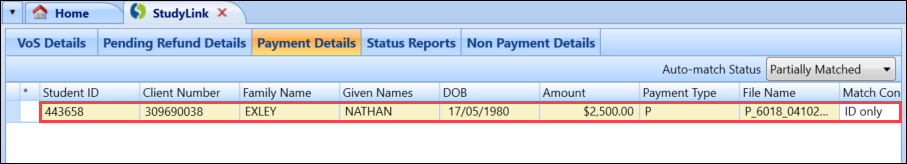 New record in the Payment Details grid