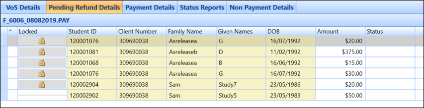 Pending Refund Details grid