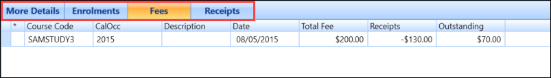 More Details, Enrolments, Fees and Receipts tabs