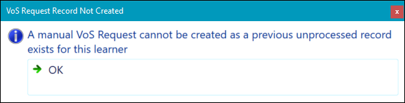 VoS Request Record Not Created window