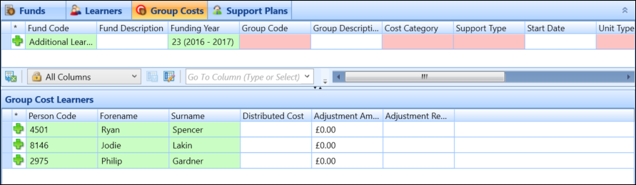 Group Costs screen