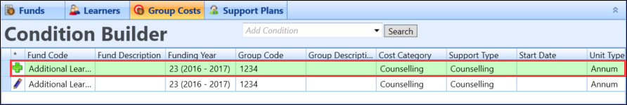 New records in the Group Costs grid