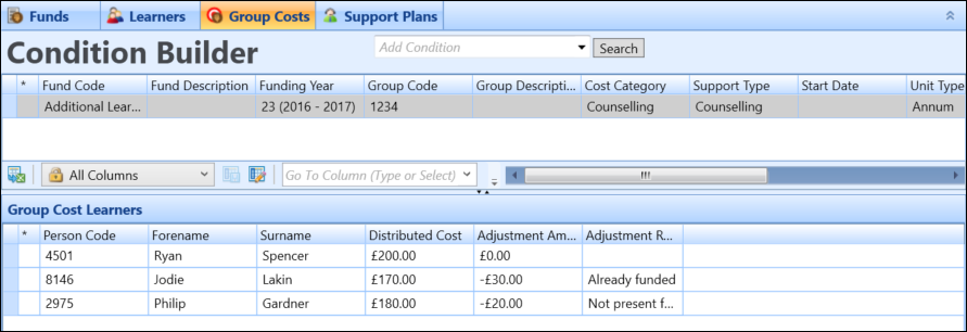 Group Costs tab