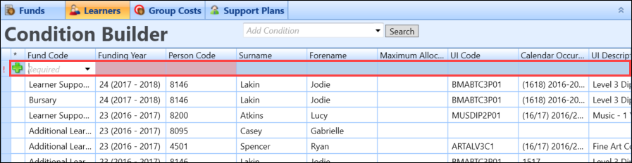 New row in the Learners grid