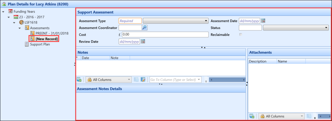 Support Assessment fields