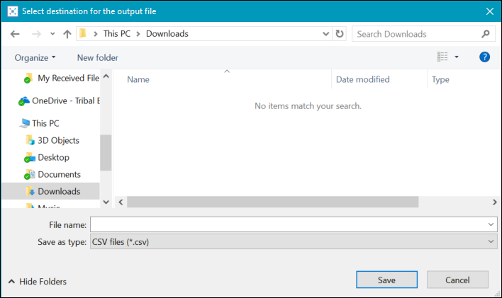 Select destination for the output file window