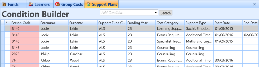 Support Plans screen