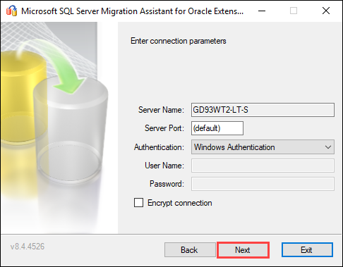 Connection parameter screen