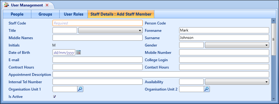 Staff Details tab - add staff member