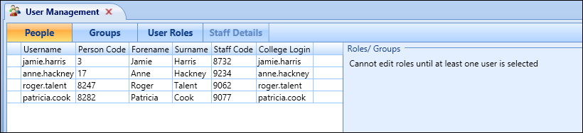 User Management screen - user records