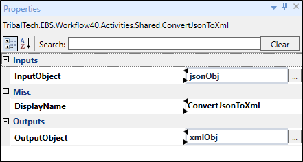 ConvertJsonToXml activity fields