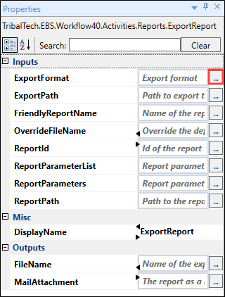 ExportReport Activity properties