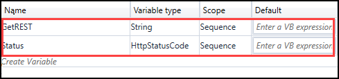 Variables for the HttpGetRequest activity