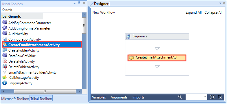 View of Activity and Designer windows with an activity within a sequence