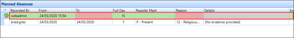 New Planned Absence record