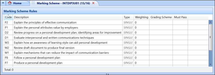 Marking Scheme tab