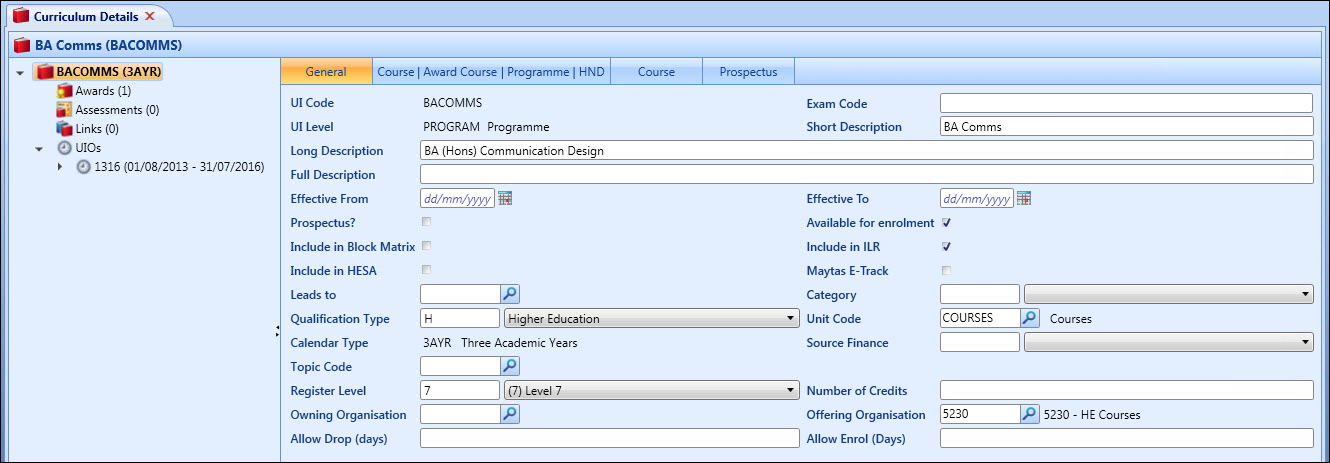 Curriculum Details screen - example UI