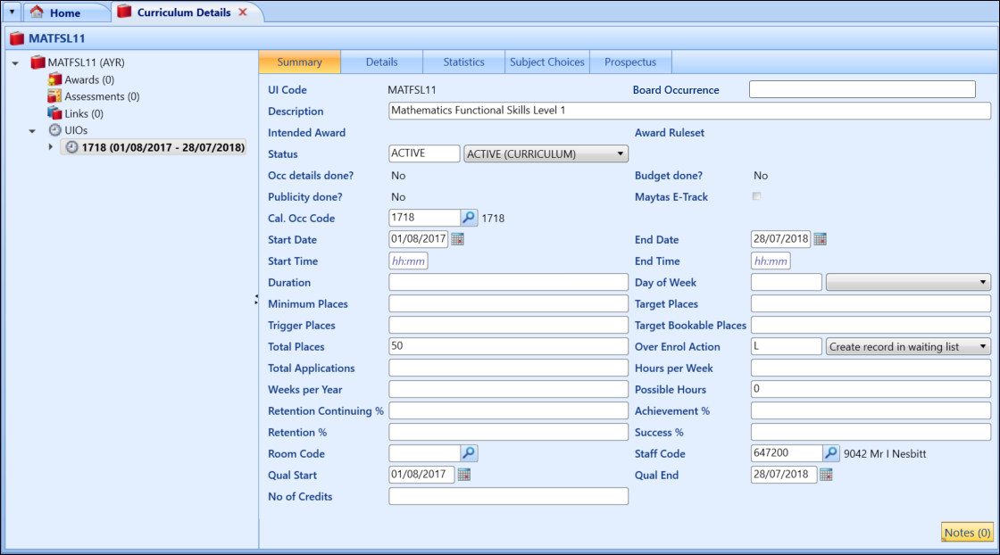 Curriculum Details screen - UIO Summary