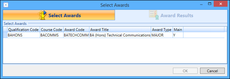 Select Awards window