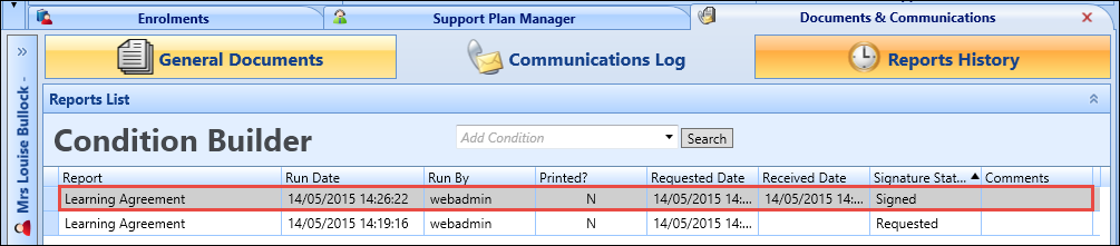 Reports History screen - signed report