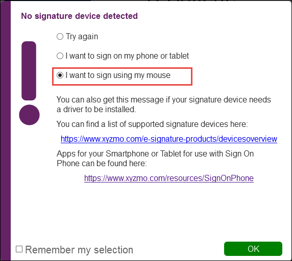 Sign with mouse option