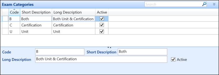 Exam Categories Panel