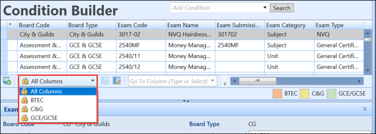 Exam Details grid filter options