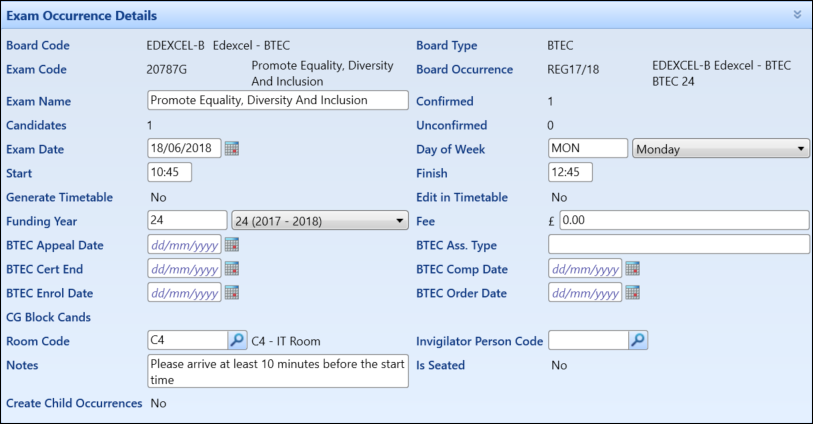 Exam Occurrence Details Panel