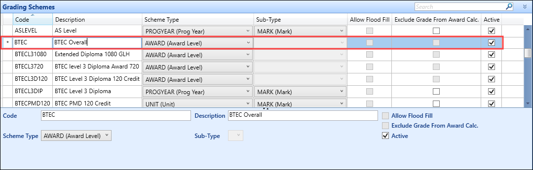 Grading Schemes grid with a Scheme Type of AWARD (Award Level).