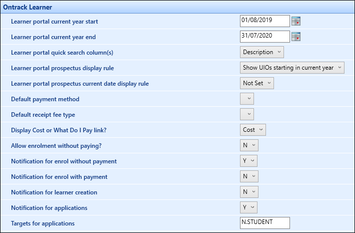 Ontrack Learner institution settings screen