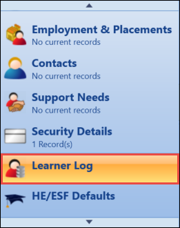 Learner Log tab