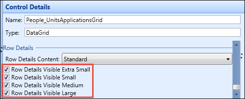 Control Details section - Row Details Visible check boxes