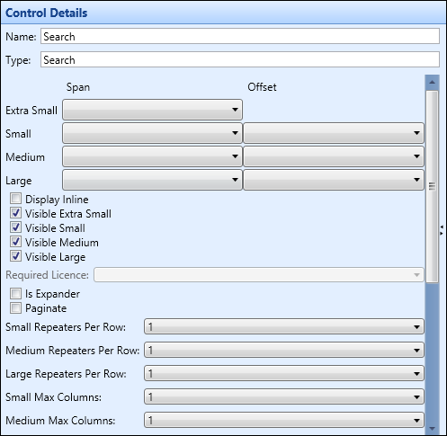 Control Details section - search control