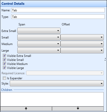 Control Details section - tab control