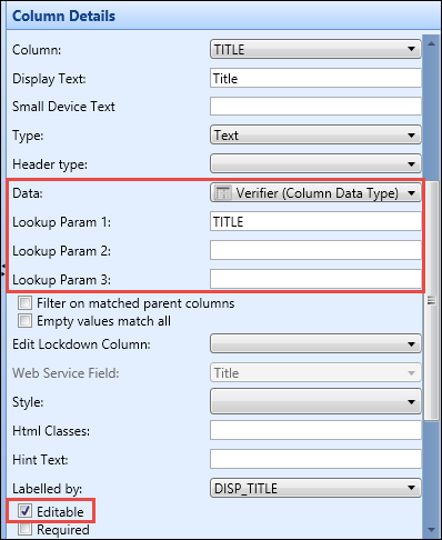 Column Details pane - Data, Lookup Param 1-3 and Editable fields