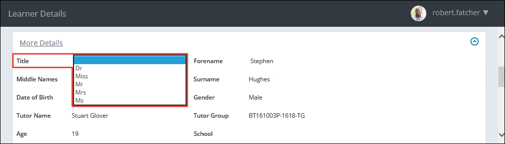 Learner Details page - drop-down field