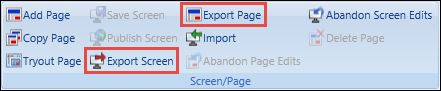 Export Screen and Export Page buttons